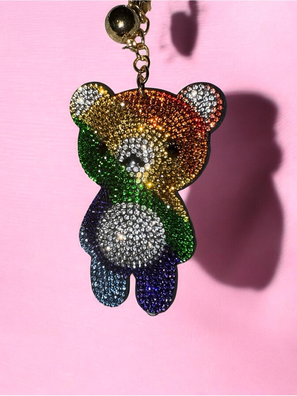 Sparkling Rainbow Teddy Keychain Charm - Gold Hardware